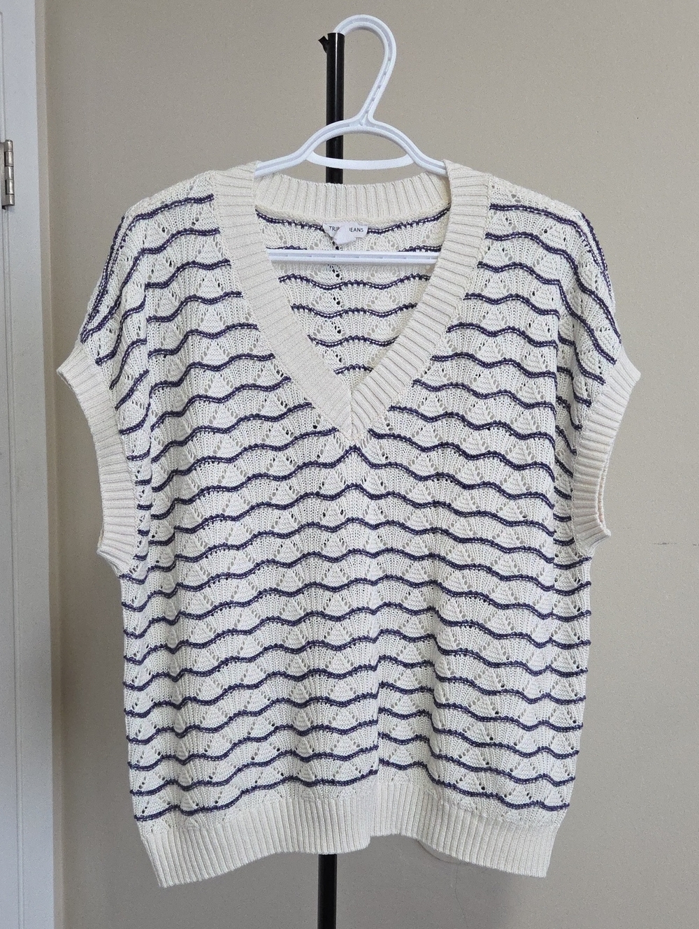 Tribal Cream V-Neck Sweater Vest with Navy Wave Stripes